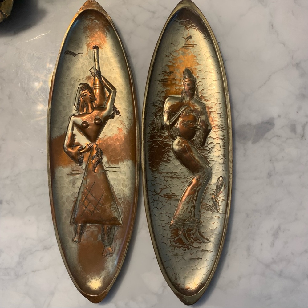 Pair Of Hand carved Copper Platters Made In Israel MCM Oppenheimer Signed
